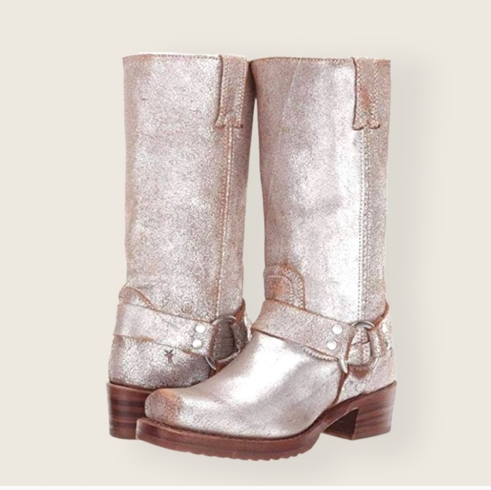 Festival Frye Harness 12G Glitter Silver Tan Pull On Metallic Cowboy Tall Boot